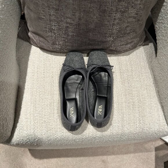 Zara Oatmeal Beige & Grey Felt Ballet Flats | Square Toe | Size 37 / US 6.5 - Picture 7 of 11